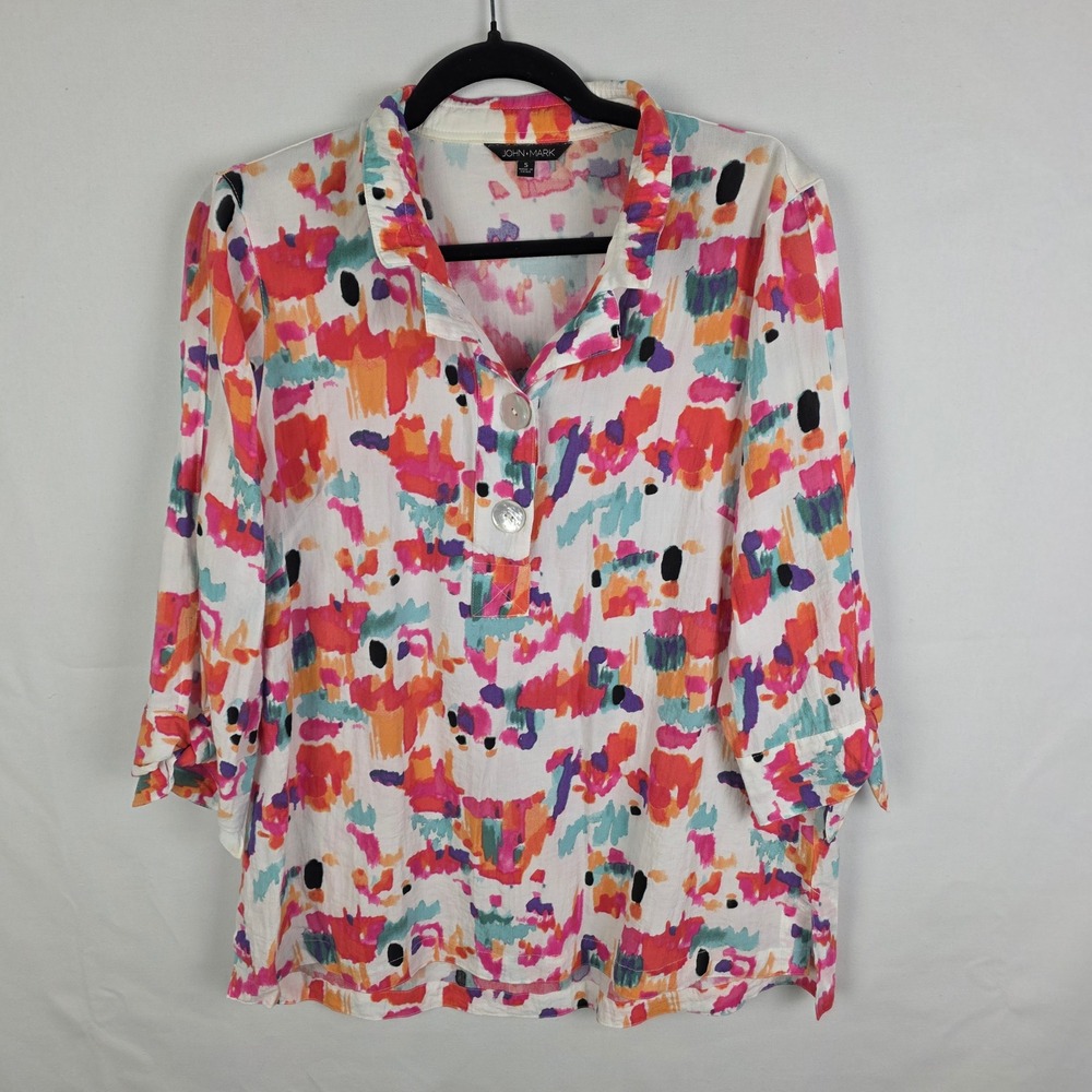 John Mark Womens Small Abstract Brushstroke Print Tie Sleeve Henley Blouse Multi